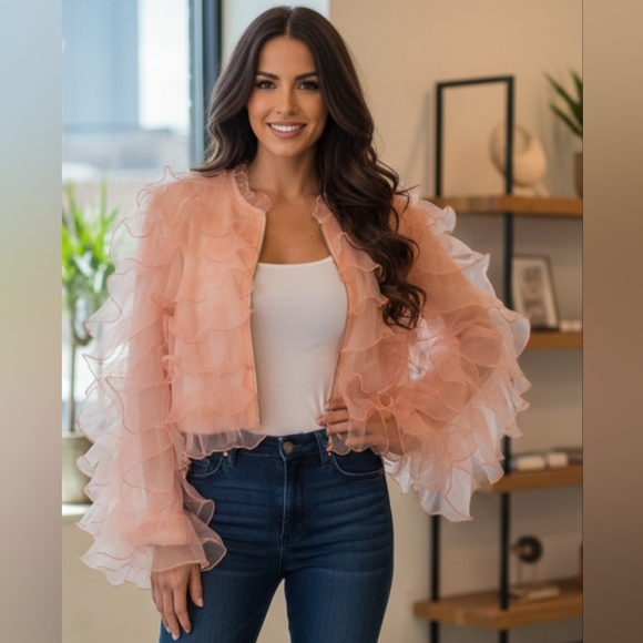 Eva Franco Jackets & Blazers - Eva Franco Anthropologie Ruffled Organza Bomber Jacket - Rose Pink